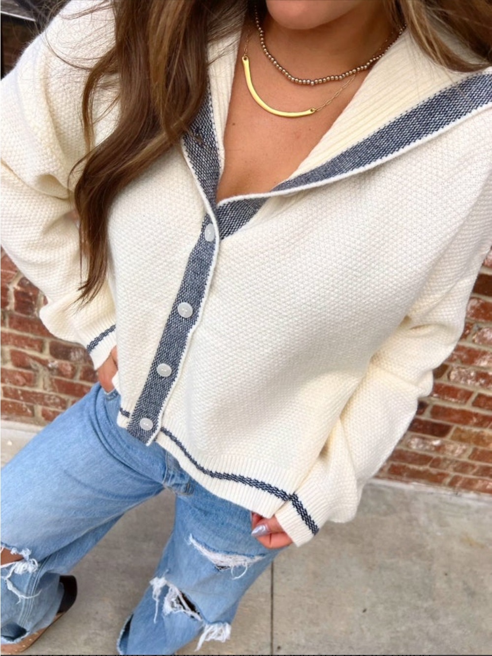 Miou Muse Cream and Slate Knit Cardigan